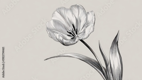 Elegant Black and White Tulip Flower Sketch with Delicate Leaves
