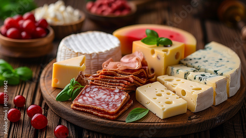 Round wooden board topped with assorted cheeses, sliced meats, basil leaves, and bright cranberries on a rustic table, perfect for entertaining, menu layouts, or wine bar promotions.