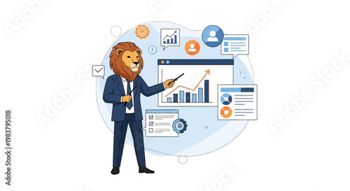 Lion in business suit presenting data.