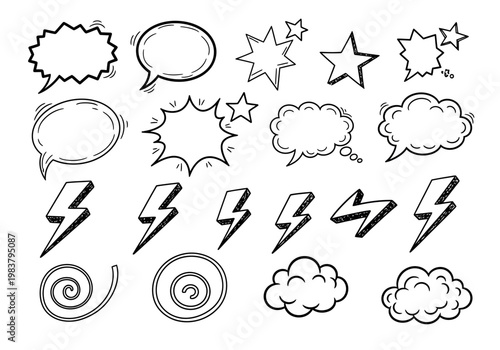 Collection of hand-drawn doodle icons featuring speech bubbles, stars, lightning bolts, and clouds for comic art
