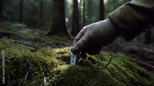 Hand planting small device in forest floor covered with moss