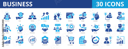Business icon set collection pack for corporate management. With teamwork, profit, meeting, growth, strategy, marketing, innovation, startup, sales, analysis, partnership, and leadership icon