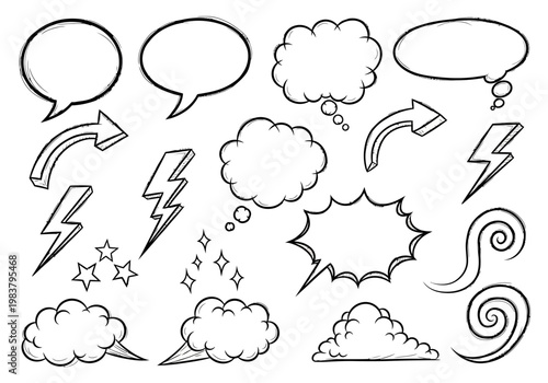 Collection of doodle-style speech bubbles, thought bubbles, arrows, and lightning bolts, perfect for comic books and graphic design elements
