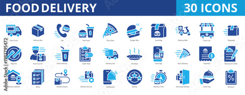Food delivery icon set collection pack for on demand food service apps. With restaurant, order, doorstep, courier, route, notification, cart, box, call, fast food, pizza slice, and burger bite icon