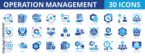Operation management icon set collection pack for industry and business management. With supply chain, inventory, logistic, production, workflow, planning, quality control, and efficiency icon