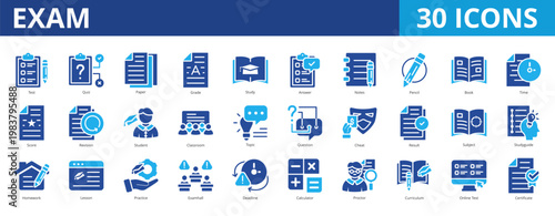 Exam icon set collection pack for education, learning, test and evaluation. With quiz, study, lesson, practice, evaluation, assessment, examination, audit, compliance, task, and survey icon