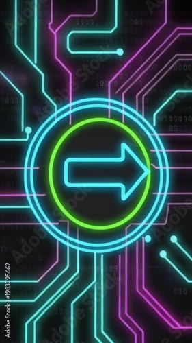 Neon circuit board with glowing arrow pointing right in dark background