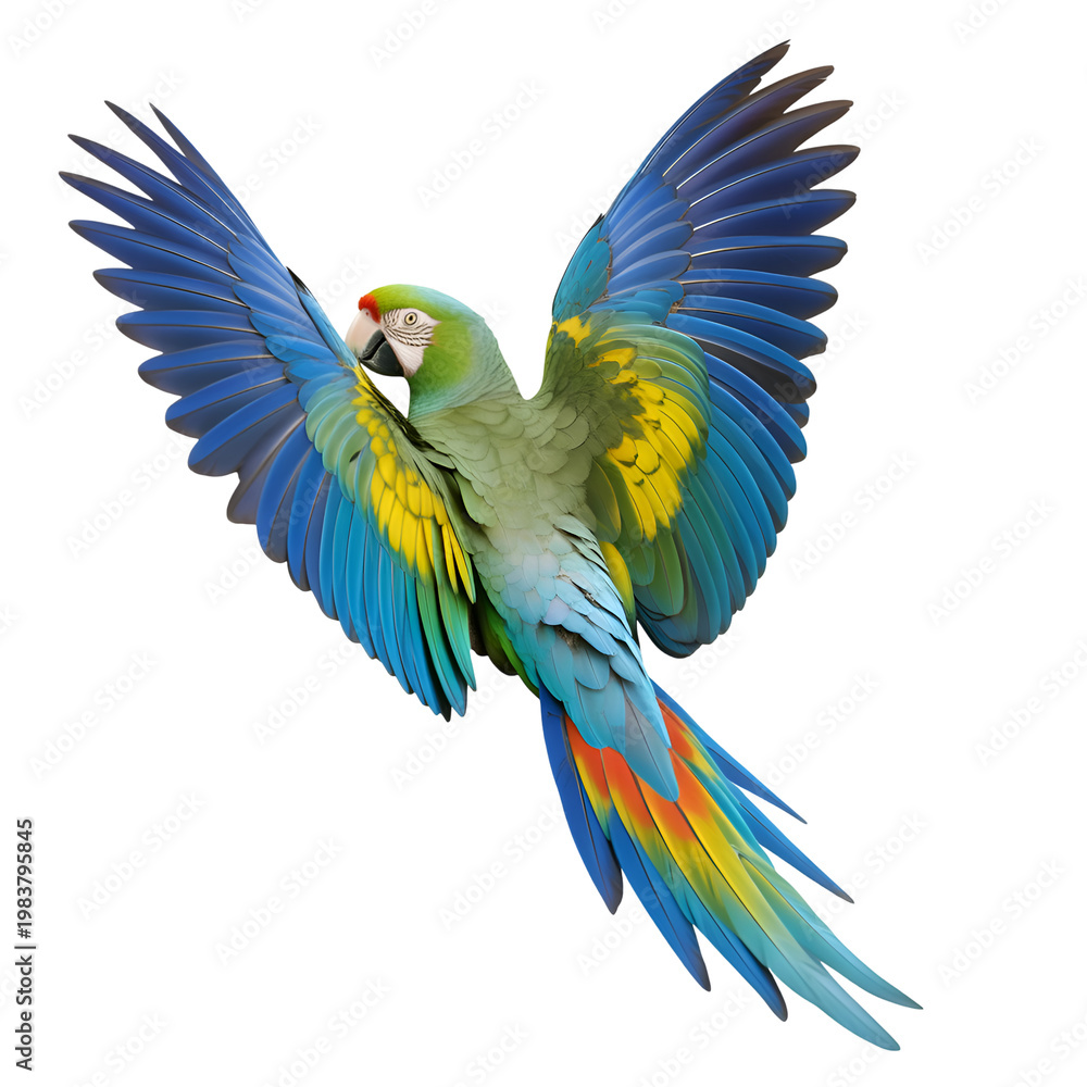 Obraz premium Vibrant macaw parrot with colorful feathers in mid-flight against a white background isolated on transparent background