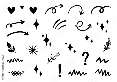 Collection of Hand-Drawn Doodle Elements and Symbols Including Hearts, Arrows, Stars, and Question Marks
