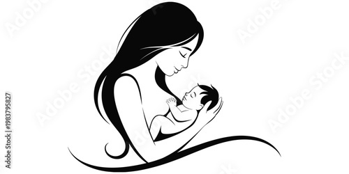 Mother holding baby minimalist illustration, maternal love artwork, family care design vector, motherhood connection composition, parent child illustration
