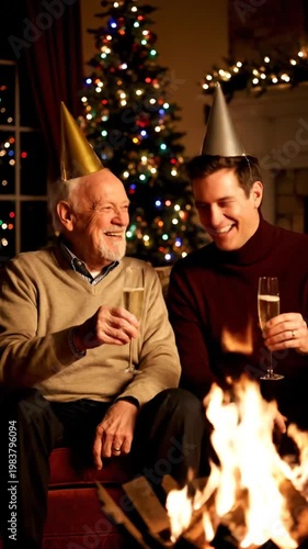 Two men celebrating with champagne by the fireplace at home during Christmas