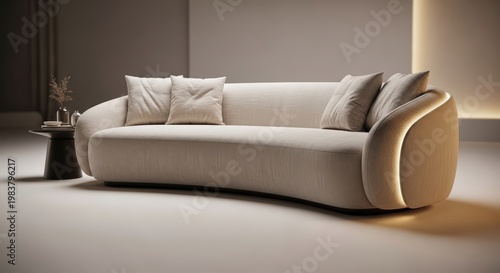 Elegant cream bouclé curved sofa with integrated lighting, luxurious modern furniture in a contemporary living room.