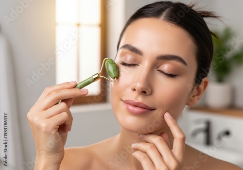 Young woman applying jade roller for facial skincare routine at home