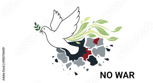 Dove of Peace symbol flying from broken war debris, no war message