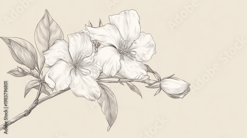 Elegant Floral Sketch of Hibiscus with Delicate Leaves on Beige Background