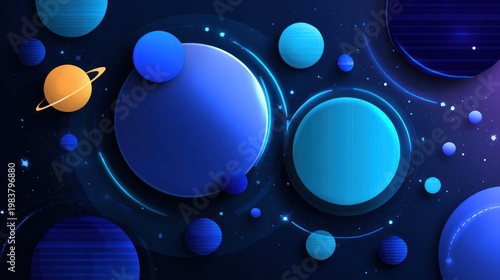 Stylized celestial bodies with glowing orbits populate a dark cosmic scene