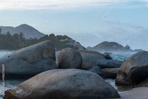 Secluded coastline featuring smooth rock formations, rolling surf, and dense tropical palms under soft daylight