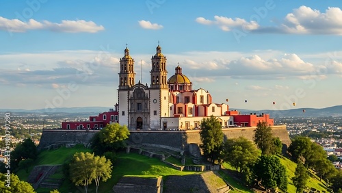 Majestic Church on a Hill - Pueblas Architectural Gem Under a Cloudy Sky.