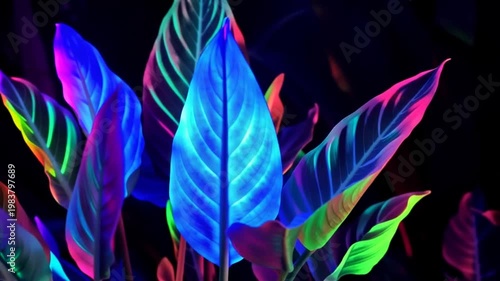 Colorful tropical plant leaves glowing in the dark outdoors