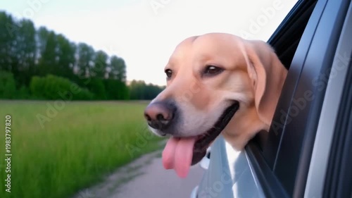 Dog sticking head out car window on country road