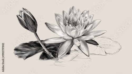 Elegant Black and White Illustration of Lotus Flower and Bud