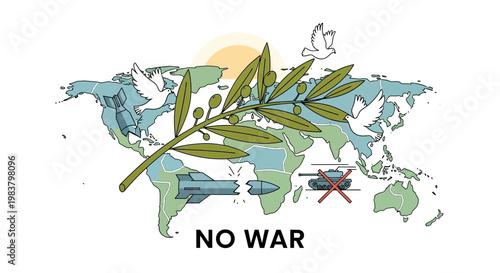 World Map Peace Symbol, Olive Branch, Doves, No War Concept