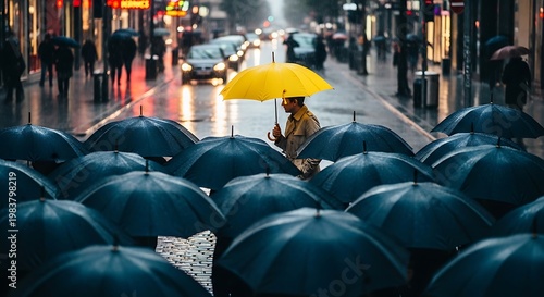 A unique person stands out from a crowd holding a yellow umbrella on a rainy city street