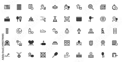 Tennis icon set. Vector sports collection. Includes racket, ball, court, player, tournament, trophy, scoreboard, equipment and more. Editable stroke.