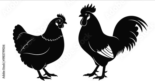 "Silhouette illustration of hen and rooster facing each other, farm poultry vector art for agriculture and livestock design"