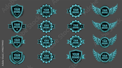 A comprehensive collection of sixteen cyan and black industrial logo templates featuring shields, gears, and wings for branding and design.