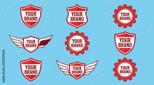 Set of red and white professional branding badge templates including shields, gears, and wings on a blue background for business identity.
