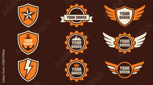 A set of nine vintage industrial logo templates featuring shields, gears, and wings in orange and cream for brand identity design.
