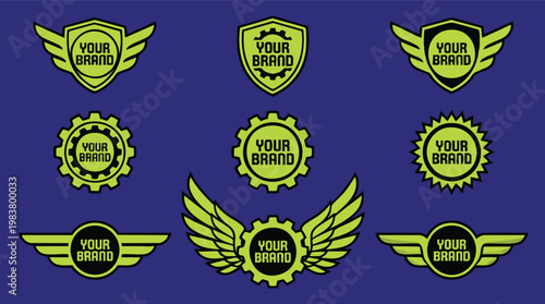 Set of nine lime green industrial logo templates with wings, shields, and gear elements for business branding on a dark background.