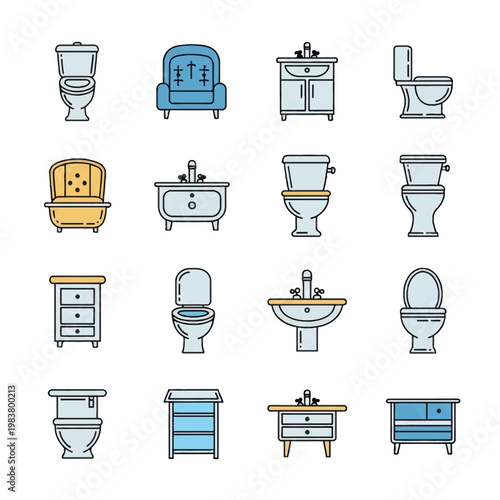 Set of bathroom plumbing fixtures and furniture icons featuring ceramic toilets, pedestal sinks, vanity cabinets, bathtubs, and chest of drawers in a flat color line art style on white.