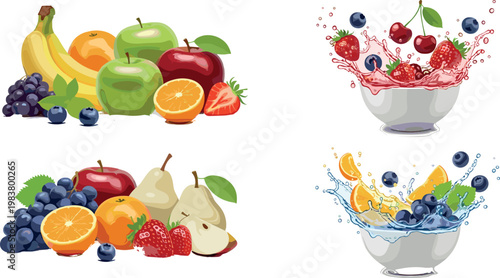 Fresh Mixed Fruit Arrangements and Splashing Berry Orange Juice Bowl Vector Set on White Background