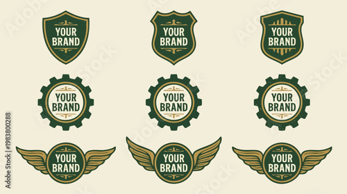 A collection of nine vintage logo and badge templates featuring shields, industrial gears, and wings for corporate branding and identity design.