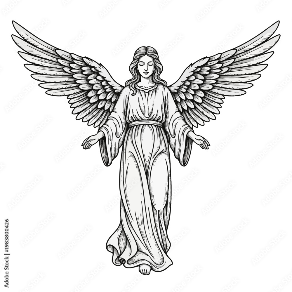 Fototapeta premium Vintage engraving style illustration of a divine female angel with majestic spread wings and flowing garments, black and white sketch of a celestial being isolated on a white background.