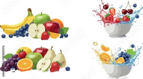 Fresh Mixed Fruit Collection and Splashing Juice Bowl Vector Set with Colorful Realistic Illustrations on White Background