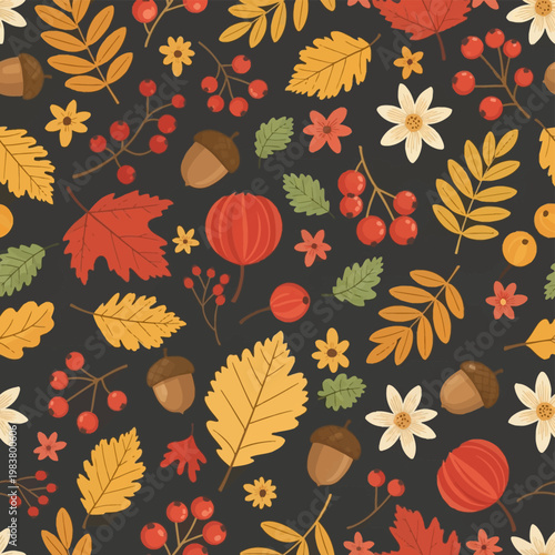 Seamless autumn pattern featuring falling leaves, red berries, acorns, and floral elements on a dark charcoal background. Includes maple, oak, rowan foliage, and seasonal forest harvest.