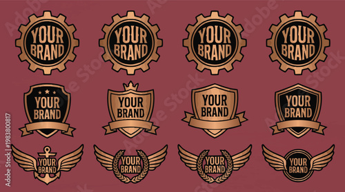 Collection of vintage copper logo templates including gears, shields, and wings for professional brand identity and corporate marketing.