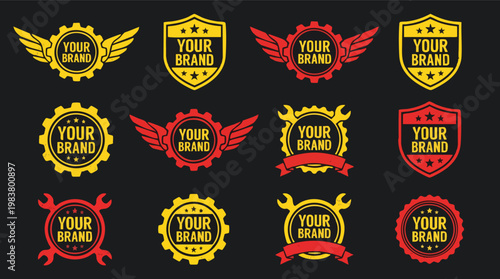 Set of vintage industrial logo badges featuring gears, wings, shields, and wrenches with a distressed texture for automotive branding.