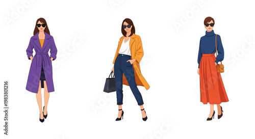 Vector illustration of three women in contemporary colorful fashion outfits featuring a purple trench coat, a yellow overcoat with blue trousers, and a blue turtleneck with a pleated orange skirt.
