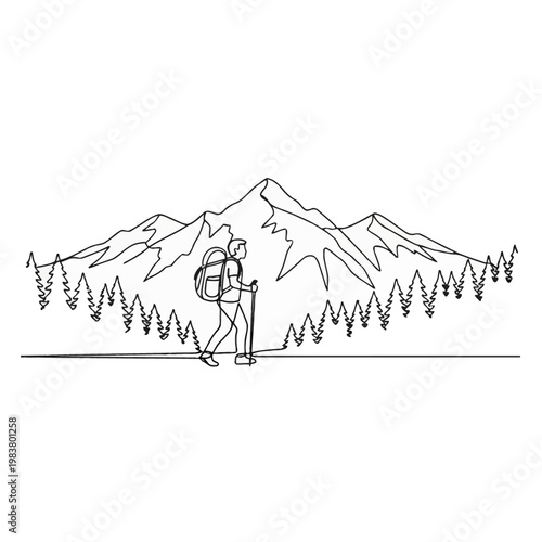 Single continuous line drawing of a male hiker with a backpack and trekking pole walking through a pine forest with large mountain peaks in the background, minimalist vector art.