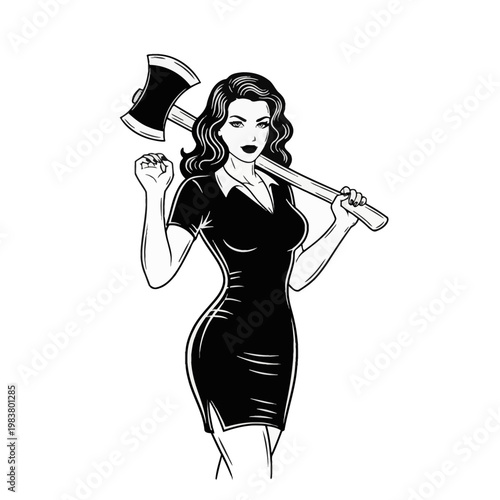 Black and white vector illustration of a confident pin-up woman with wavy hair, wearing a form-fitting collared mini dress, holding a double-headed axe over her shoulder, isolated on white.