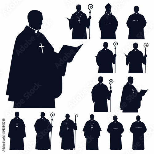 Set of catholic priest and bishop silhouettes in clerical vestments, featuring figures holding a crozier staff, prayer book, and wearing a pectoral cross on a white background.