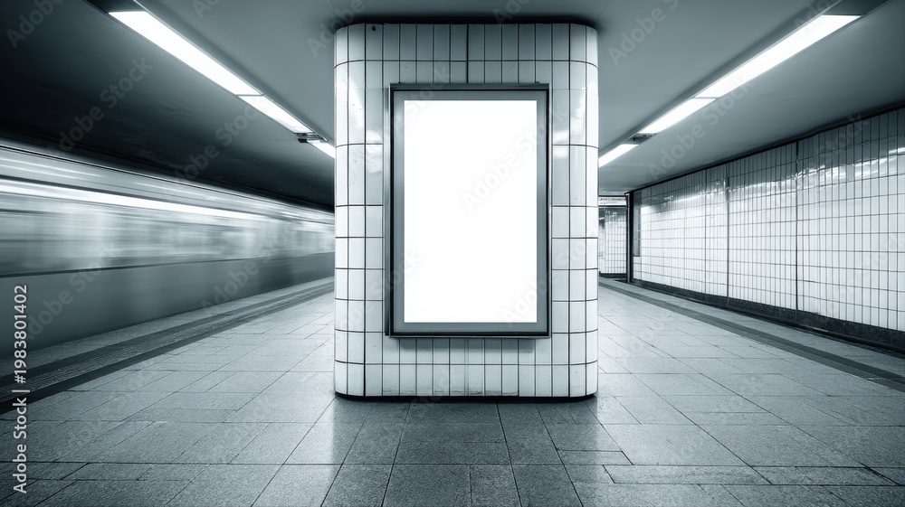 Fototapeta premium Blank Advertising Billboard on a Subway Station Pillar with Blurred Train Motion