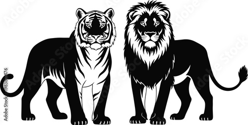 Photography Stylized black and white illustration of tiger and lion side by side showcasing