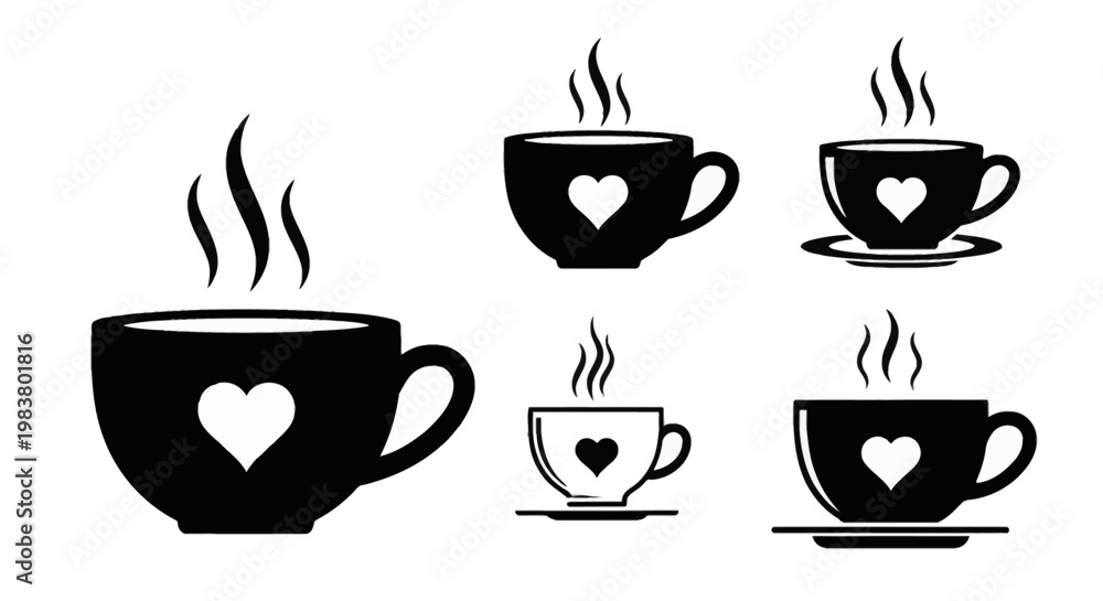 Obraz premium Set of five black coffee mug and tea cup silhouettes with heart symbols and rising steam, isolated on white background, minimalist flat vector icons for cafe and beverage branding.