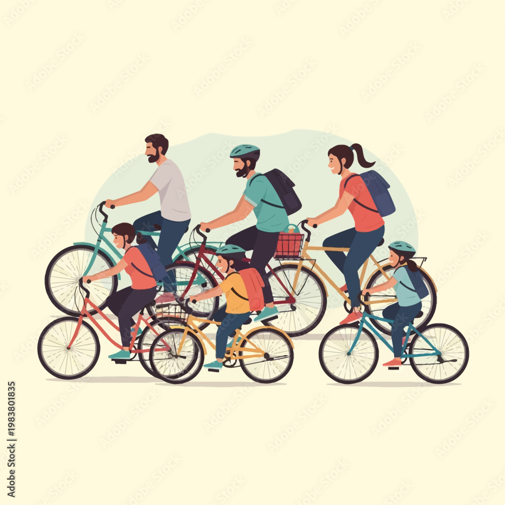 Obraz premium Vector illustration of a diverse group of adults and children riding bicycles together, wearing safety helmets and backpacks, depicted in a flat design style on a light background.