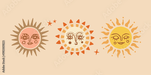 Boho mystical sun face illustrations with varied expressions and different ray styles, with eyelashes, cheek marks, character details and small stars in the background